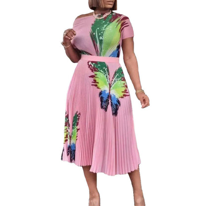 Damen Maxikleid Bunt Schmetterling Plisseefalte