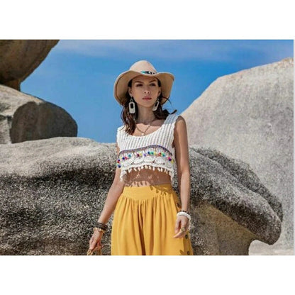Damen Cropped Bunt Häkelmuster Quasten - Norvielle