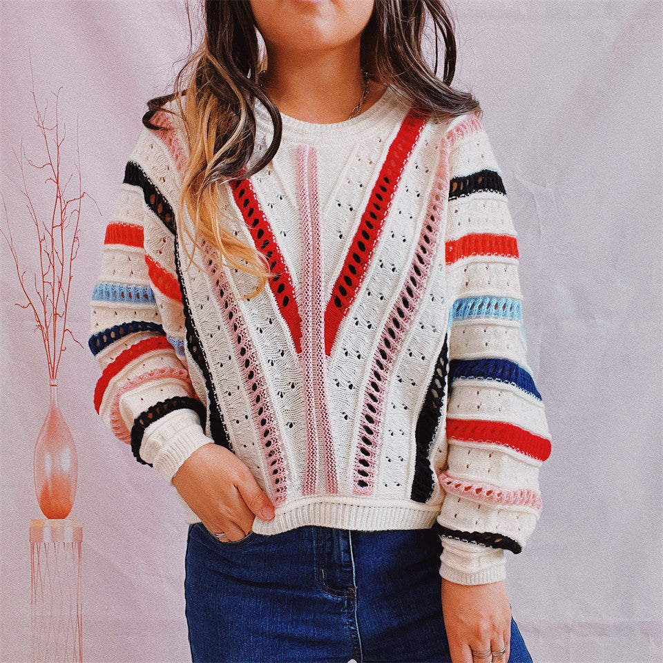 Damen Pullover V-Ausschnitt Strickdesign Bunt - Norvielle