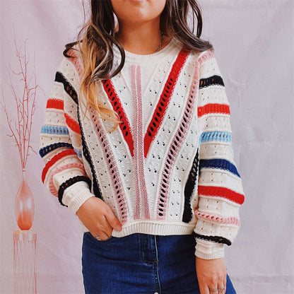 Damen Pullover V-Ausschnitt Strickdesign Bunt - Norvielle