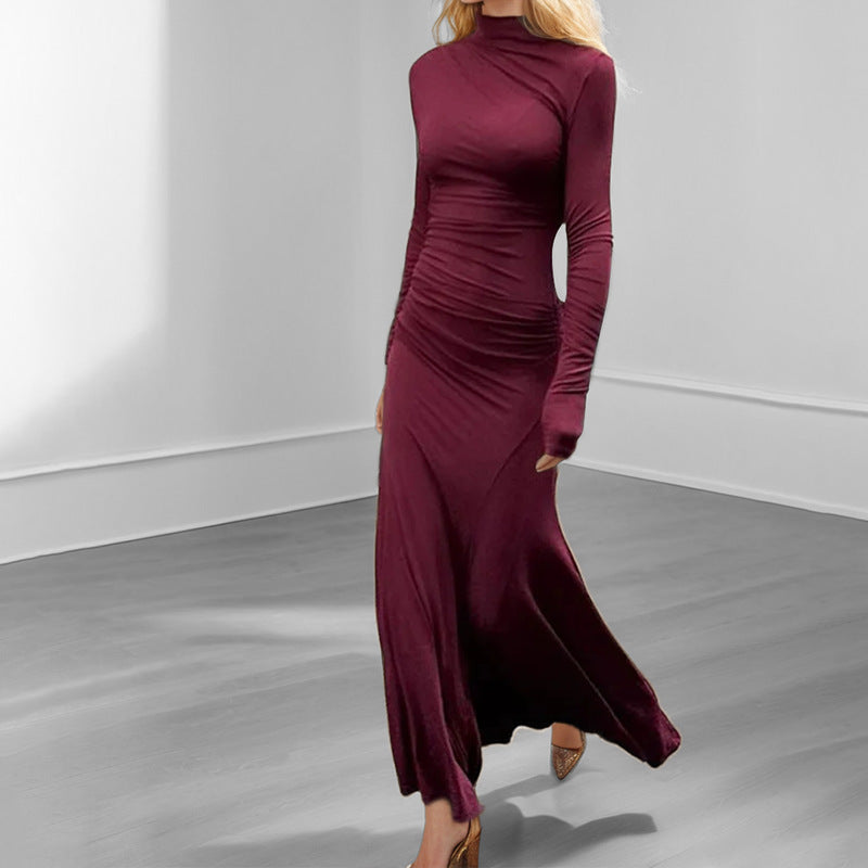 Damen Maxikleid Langarm Figurformend Elegant Rollkragen Schwarz - Norvielle