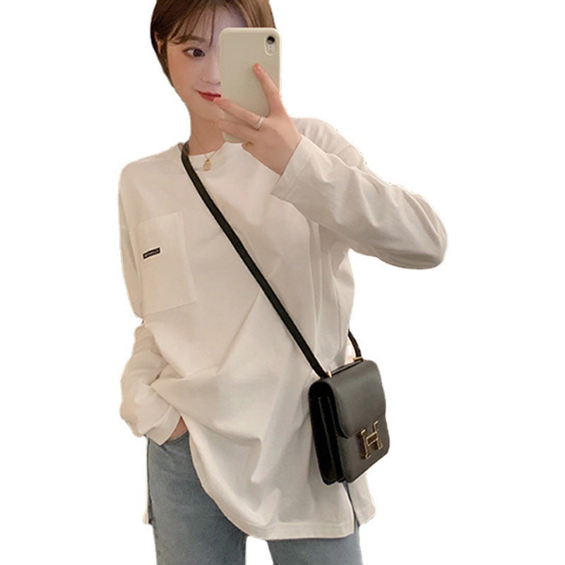 Damen Longsleeve-Shirt mit Tasche Baumwolle Beige