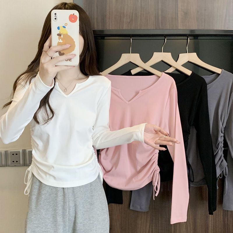 Damen Langarmshirt V-Ausschnitt Raffung Norvielle - Norvielle