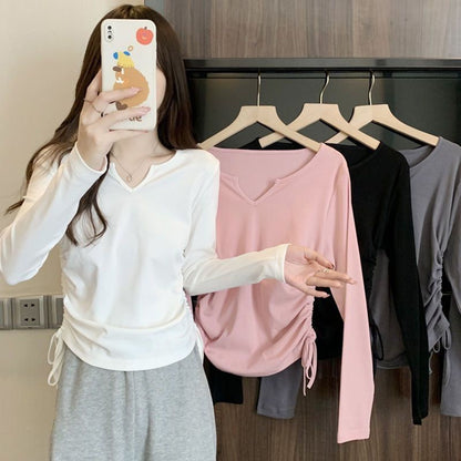 Damen Langarmshirt V-Ausschnitt Raffung Norvielle - Norvielle