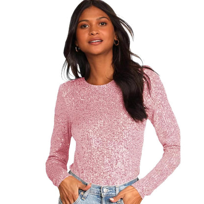 Damen Glitzerndes Bodysuit Längsärmig Schimmernder Stoff
