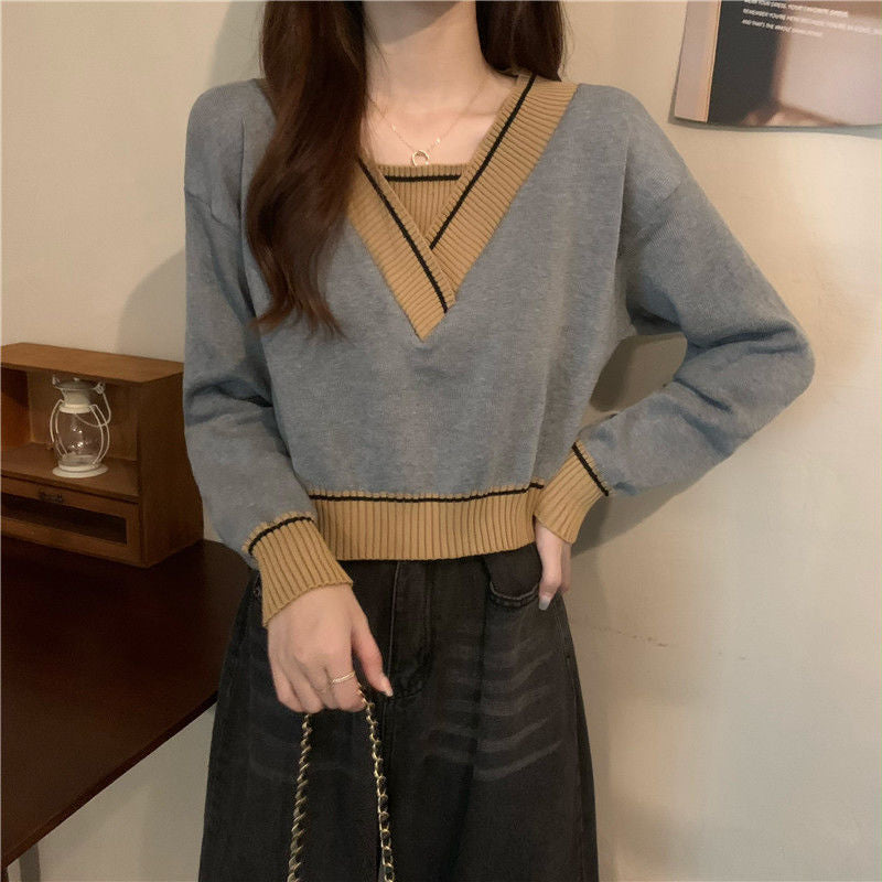 Damen V-Ausschnitt Pullover Kontrastdetails Norvielle