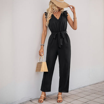 Damen Jumpsuit Spitze Taillengürtel Elegent Schwarz - Norvielle