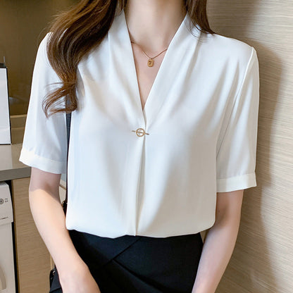 Damen Bluse V-Ausschnitt Pin-Verschluss Elegante Seide Beige