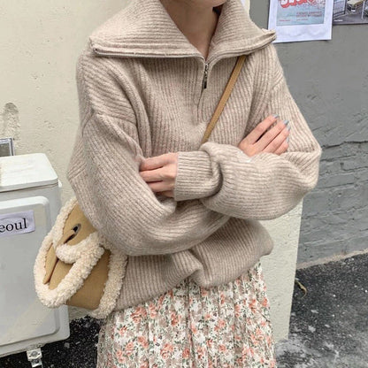 Damen Strickpullover Hochkragen Halbzipp Norvielle