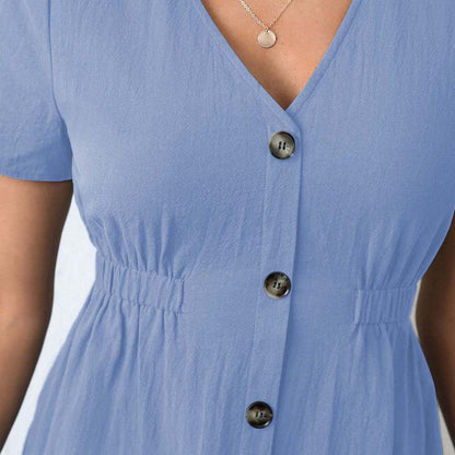 Damen Kurzarmkleid Knöpfe Elastischer Gürtel Norvielle
