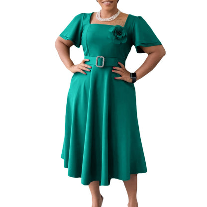 Damen Midi Kleid mit Ruffles Ausschnitt und Breitem Gürtel