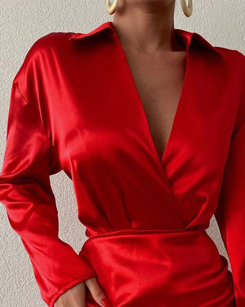 Damen Wickelkleid Langarm Verstellbarer Saum Norvielle
