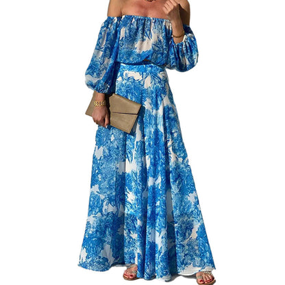 Damen Maxikleid Off-Shoulder Floralmuster Weiter Rock