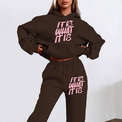 Damen Hoodie Jogginghose Set Baumwolle Mit Schriftzug Anthrazit