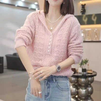 Damen Strickpullover mit Kapuze und Knöpfen Norvielle