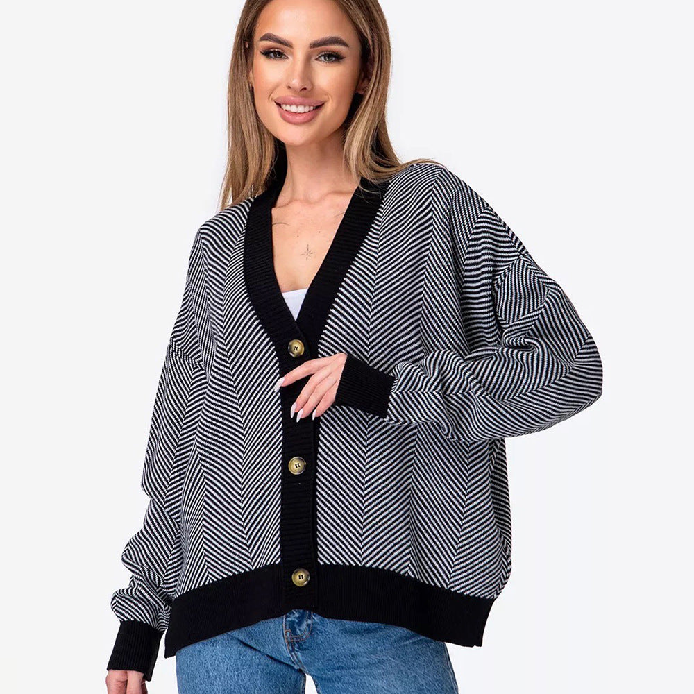 Damen Strickcardigan Chevron Muster Elegante Knöpfe Beige