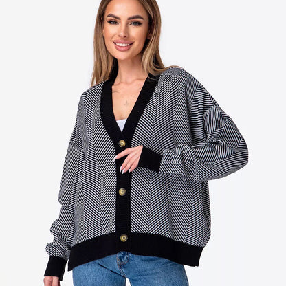 Damen Strickcardigan Chevron Muster Elegante Knöpfe Beige