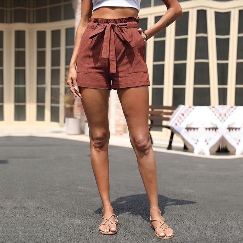 Damen Leinen-Shorts Elastischer Bund Dekorativer Gürtel Beige