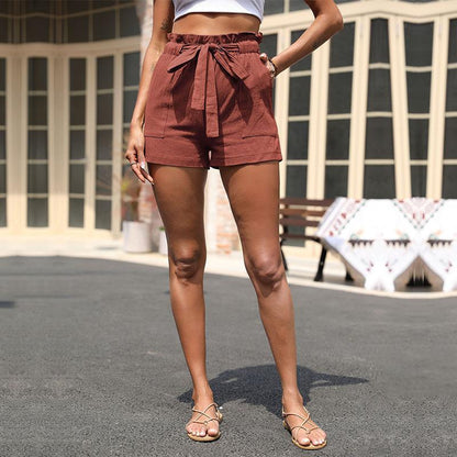Damen Leinen-Shorts Elastischer Bund Dekorativer Gürtel Beige