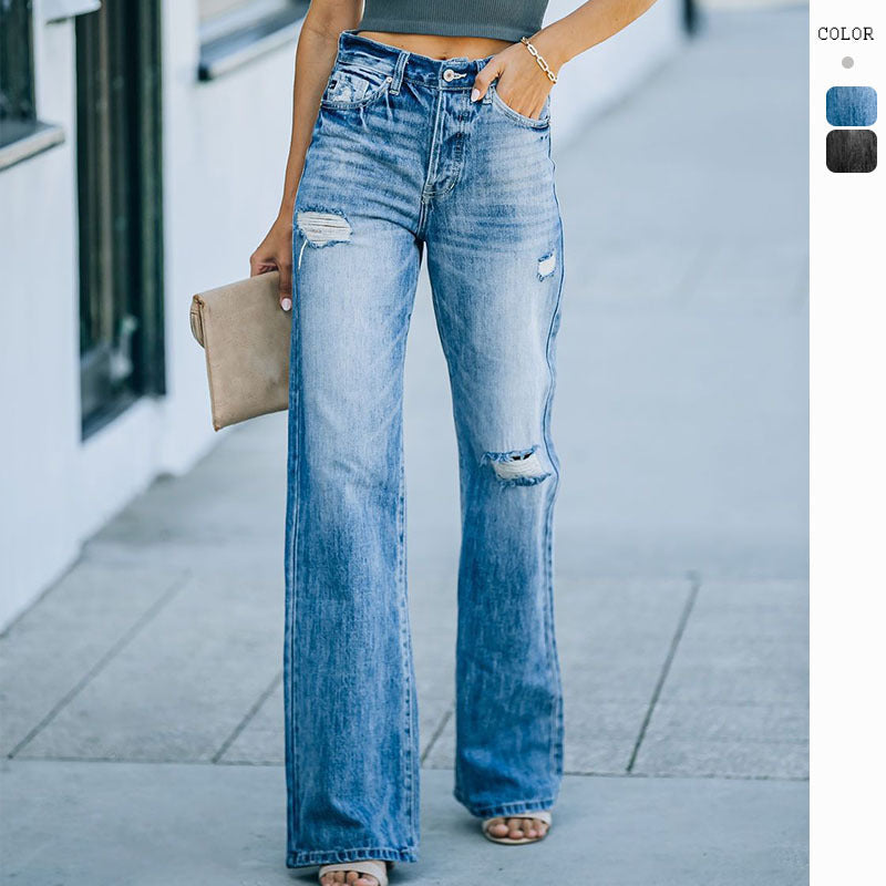 Damen Weite Jeanshose Destroyed Effekt Blau - Norvielle