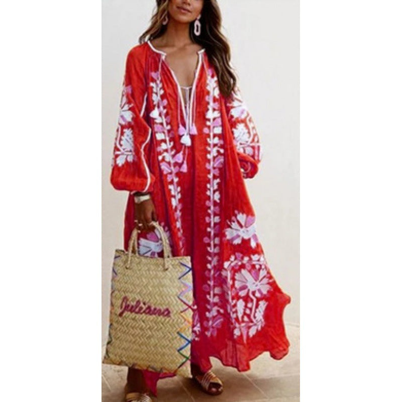 Damen Maxikleid lockere Passform Blumenstickerei V-Ausschnitt
