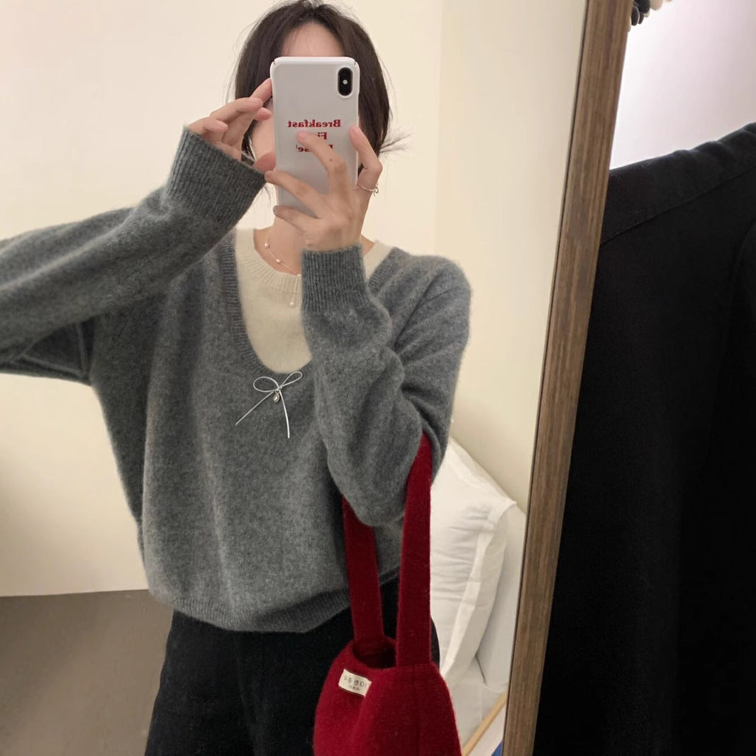 Damen Pullover V-Ausschnitt Schleifenapplikation Norvielle - Norvielle