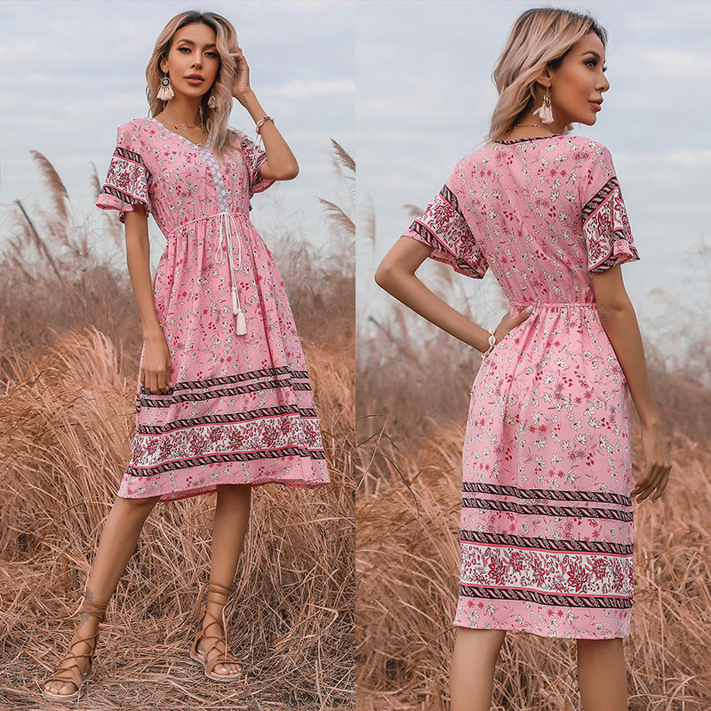 Damen Sommerkleid Boho Floralmuster Verspielte Taille