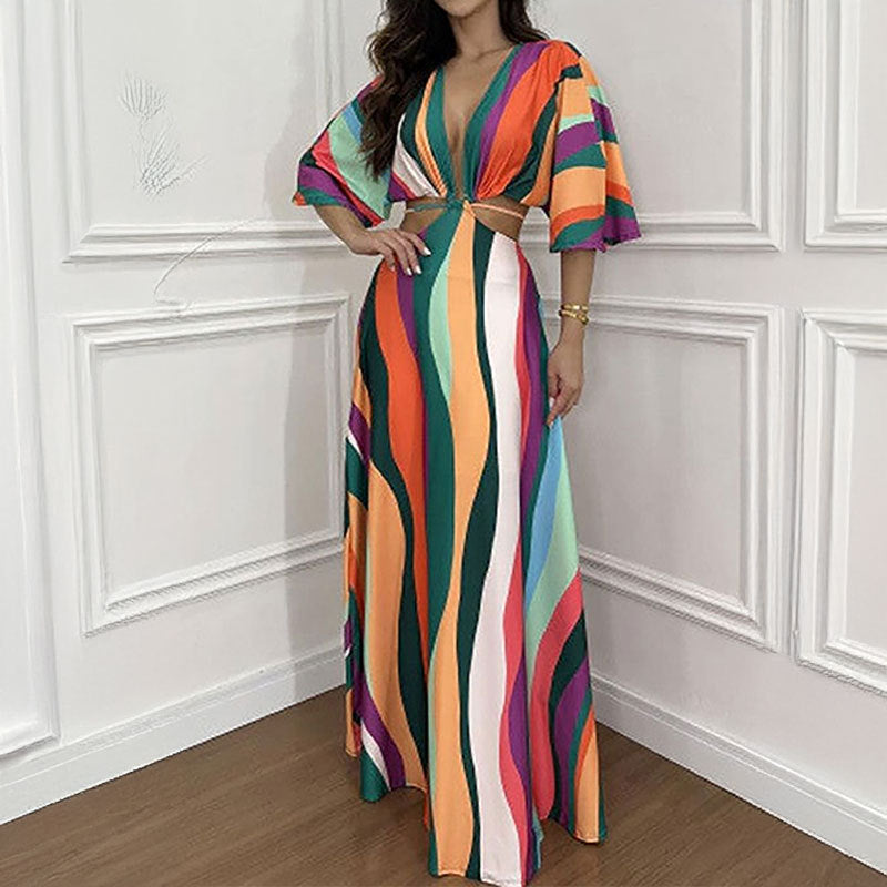 Damen Maxi-Kleid V-Ausschnitt Wellenmuster Norvielle