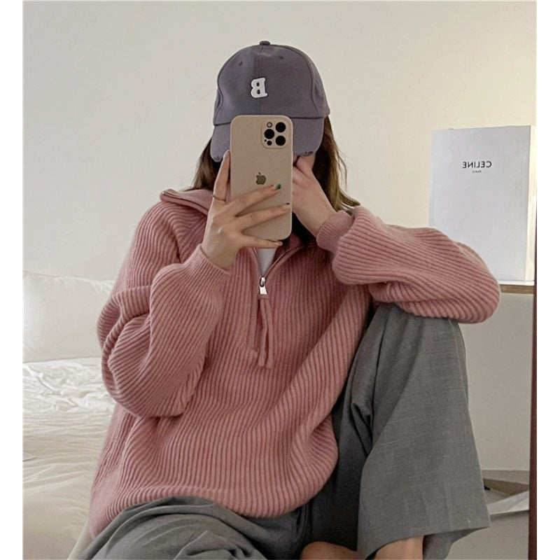 Damen Grobstrickpullover Reißverschluss Hoher Kragen Norvielle