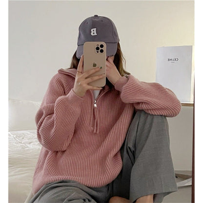 Damen Grobstrickpullover Reißverschluss Hoher Kragen Norvielle