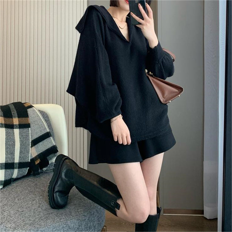 Damen Oversized Strickpullover Kapuze V-Ausschnitt Norvielle