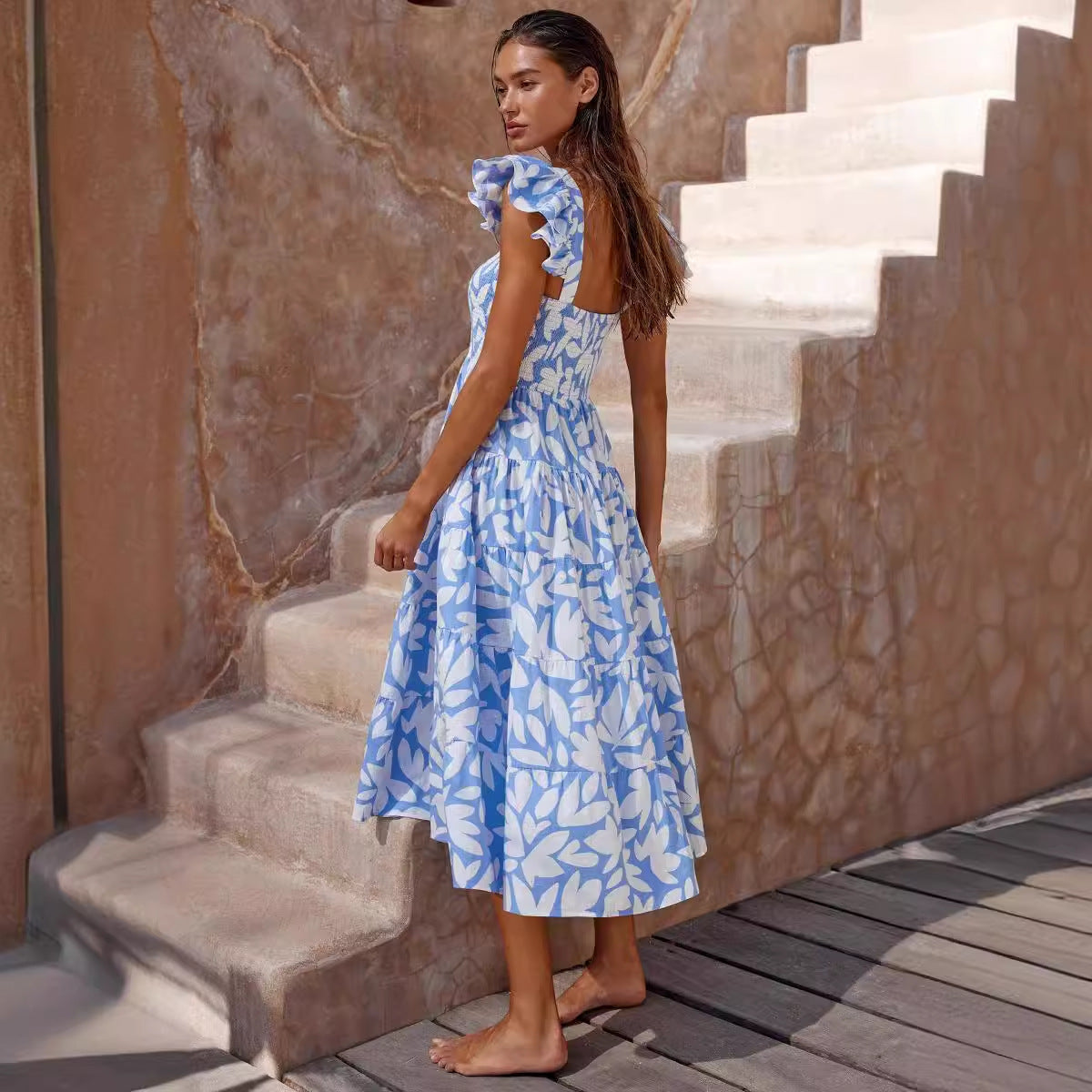 Damen Midi-Kleid aus Leichtem Stoff mit Volantärmeln und schwingendem