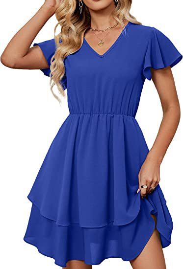 Damen Freizeitkleid Fließender Rock Rüschenärmel Norvielle