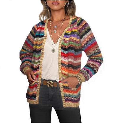 Damen Strickjacke Bunt Zickzack Muster Französische Ärmel