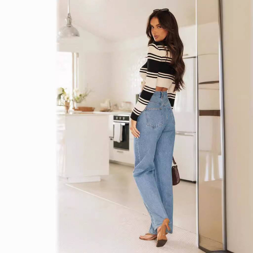 Damen Highwaist Jeans Weit Geschnitten Fransiger Saum