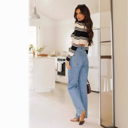 Damen Highwaist Jeans Weit Geschnitten Fransiger Saum
