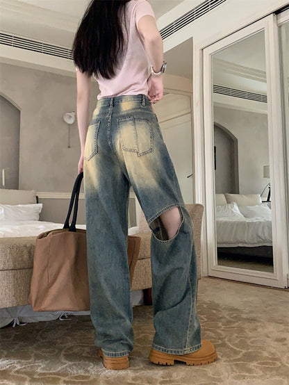 Damen Weite Denim-Hose Asymmetrische Knöpfe