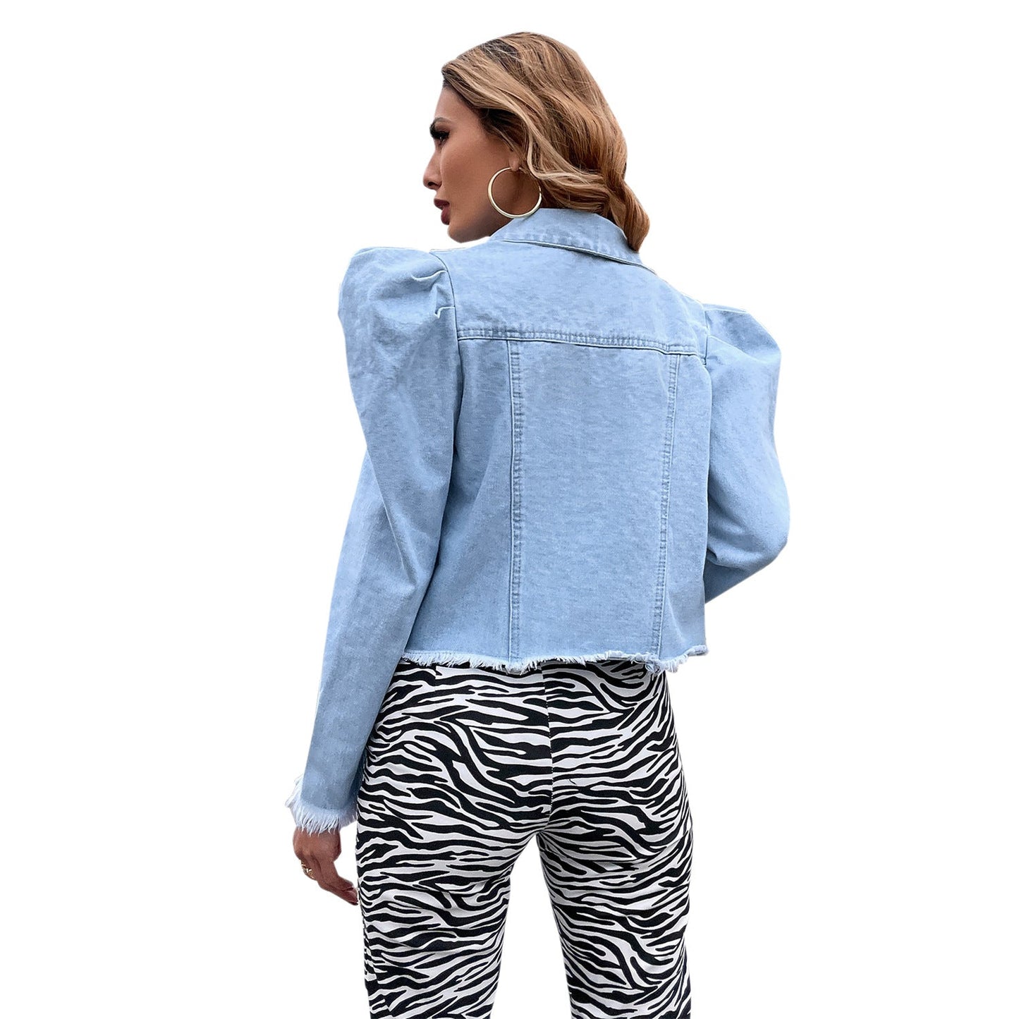 Damen Jeansjacke Puffärmel Dekorative Knöpfe Norvielle
