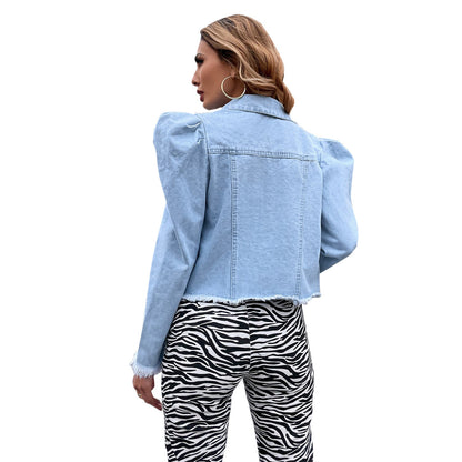 Damen Jeansjacke Puffärmel Dekorative Knöpfe Norvielle