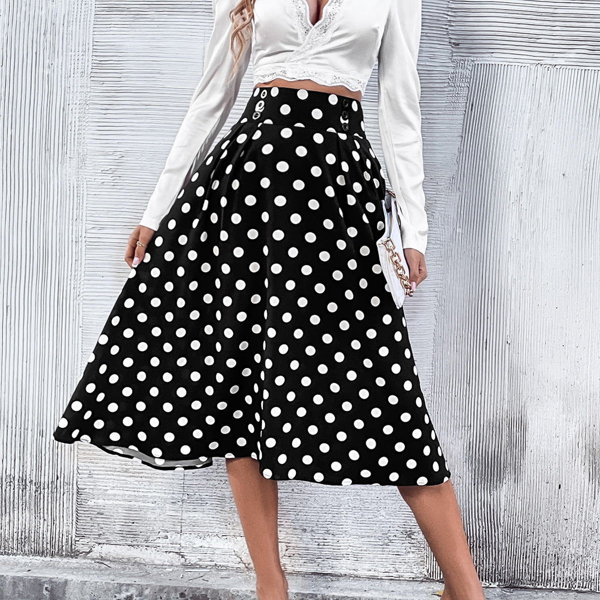 Damen Midirock Punkte-Design Hochtailliert
