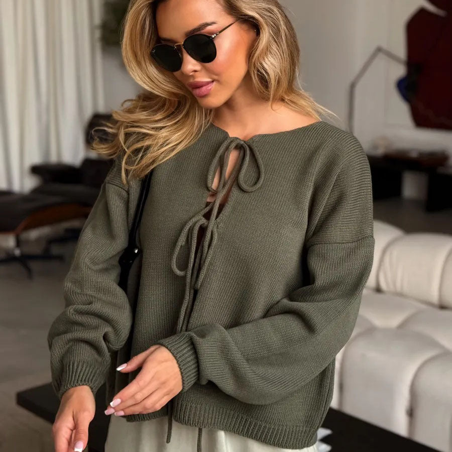Damen Strickpullover Weit Schnitt Dekorative Schnürung Beige - Norvielle