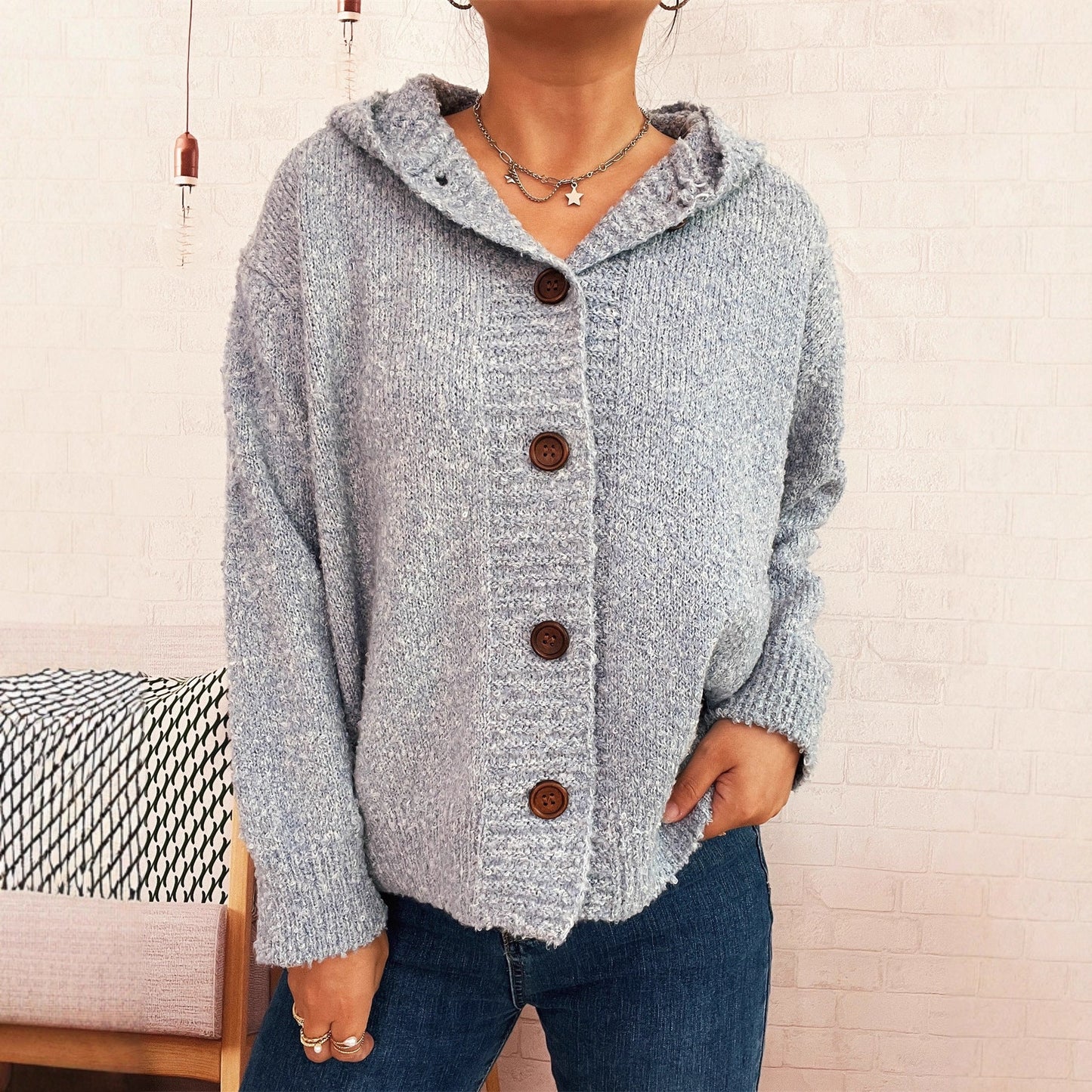 Damen Strickjacke Kapuze Knöpfe Norvielle