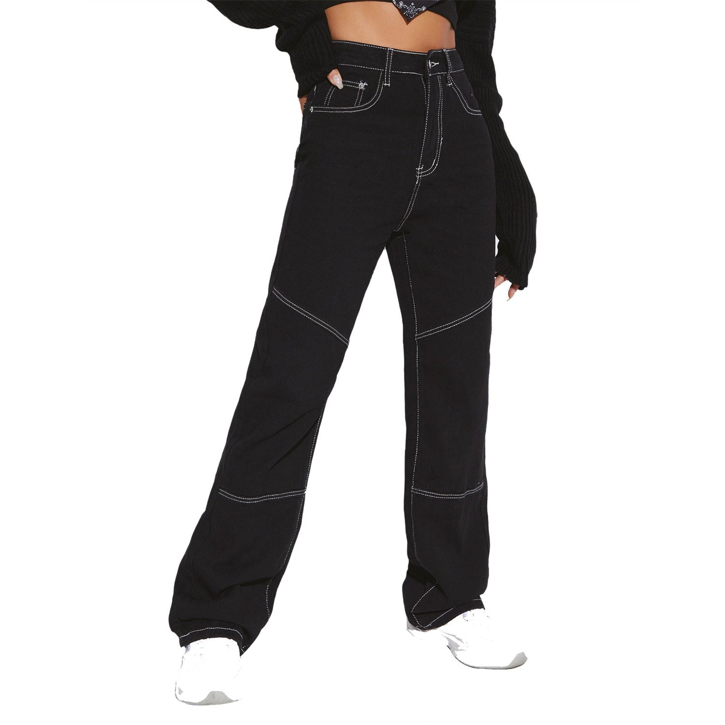 Damen High-Waist Jeans Breit Bein Kontrastnähte