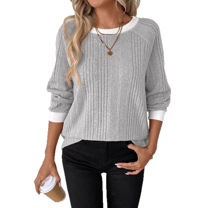 Damen Pullover Lässig Rippenstrick Kontrastbesatz Norvielle