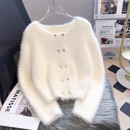 Damen Fluffy Cardigan Herzknöpfe Norvielle