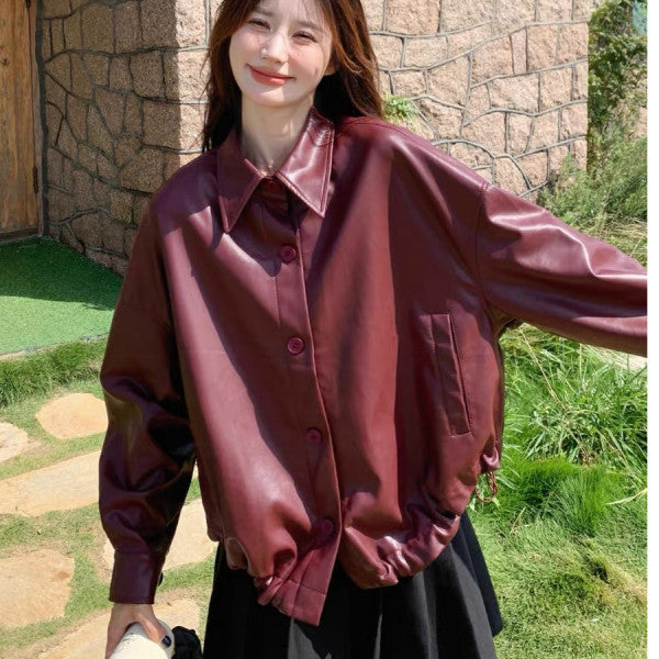 Damen Oversized Kunstlederjacke mit Taschen und
