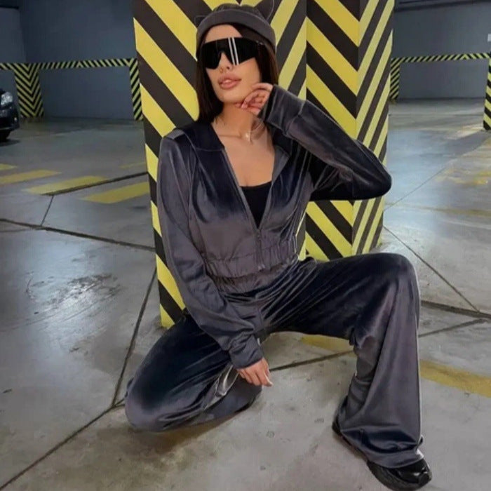 Damen Velours-Loungewear-Set mit Kapuze elastisch Norvielle