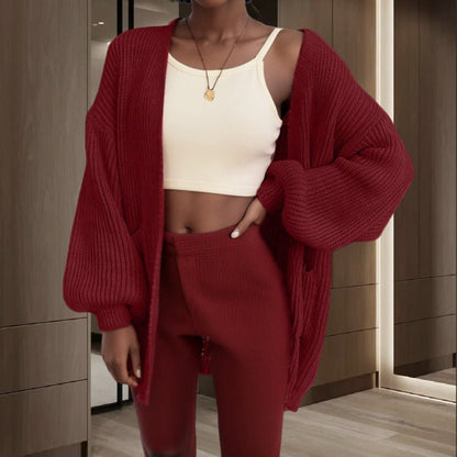 Damen Grobstrick-Cardigan Voluminöse Ärmel Praktische Taschen