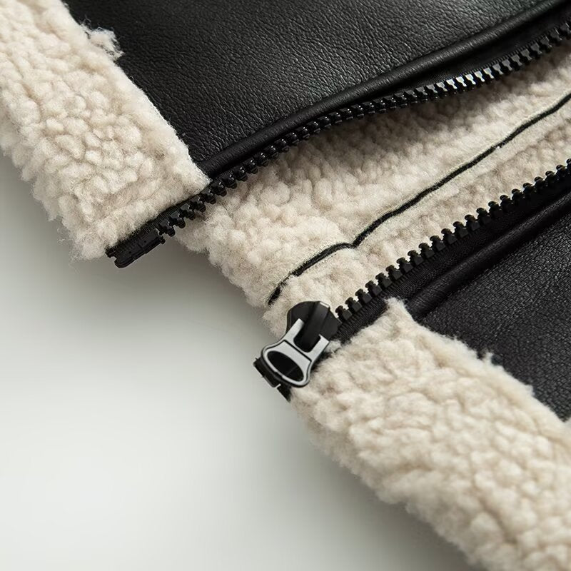 Damen Kunstlederjacke Teddyfutter Warm