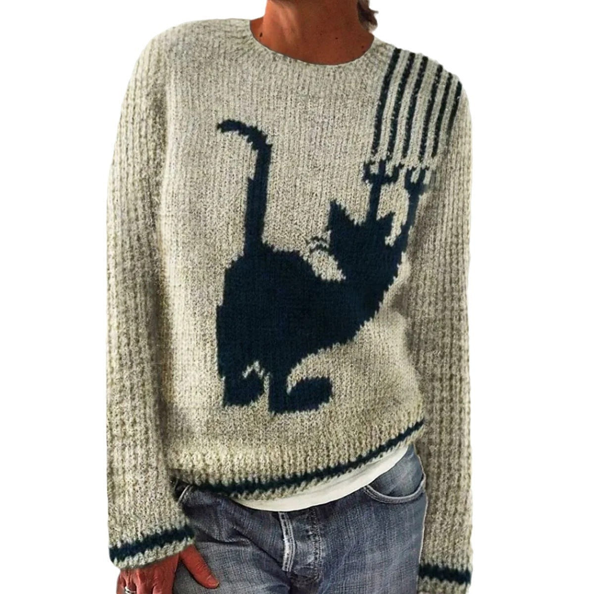 Damen Pullover Fuchs-Motiv Streifen Ärmel Norvielle